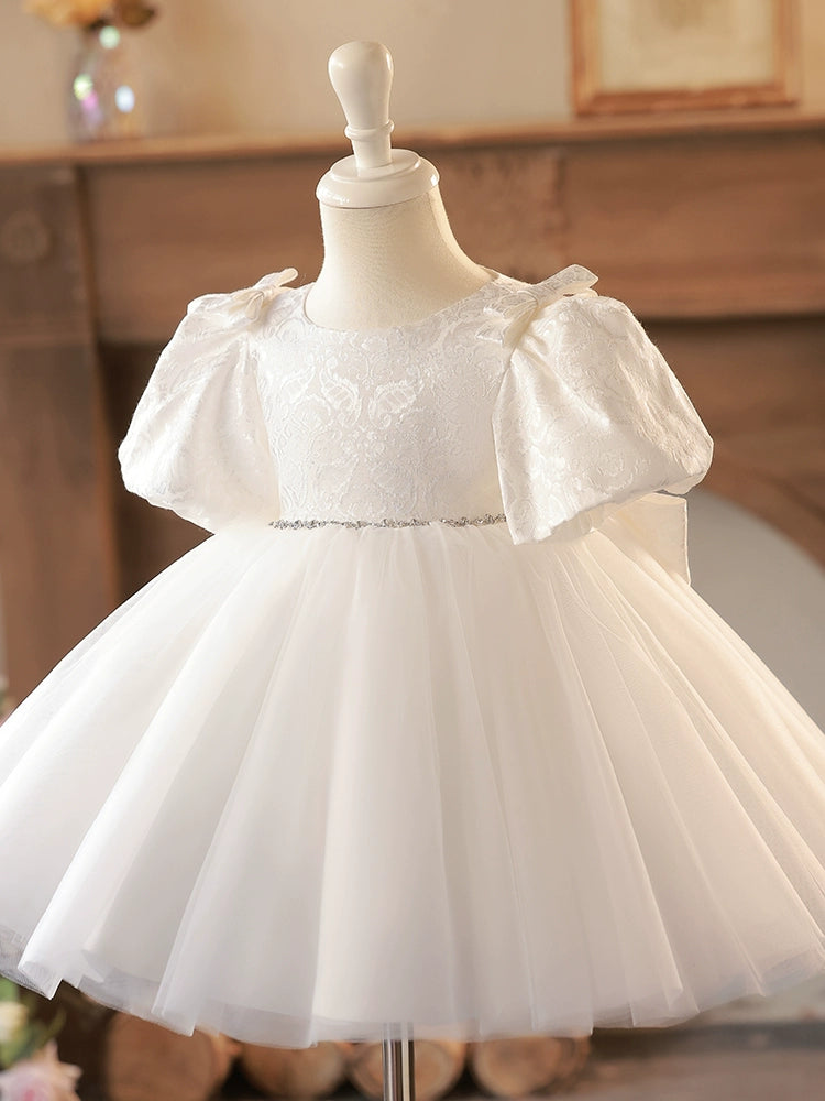 Princess White Lace Back Zip Baptism Lace Tea Length Short Sleeve Puff Sleeve Round Flower Girl Dress