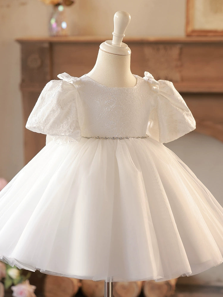 Princess White Lace Back Zip Baptism Lace Tea Length Short Sleeve Puff Sleeve Round Flower Girl Dress