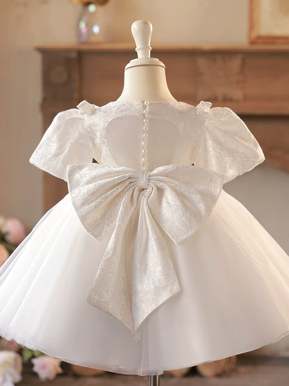 Princess White Lace Back Zip Baptism Lace Tea Length Short Sleeve Puff Sleeve Round Flower Girl Dress