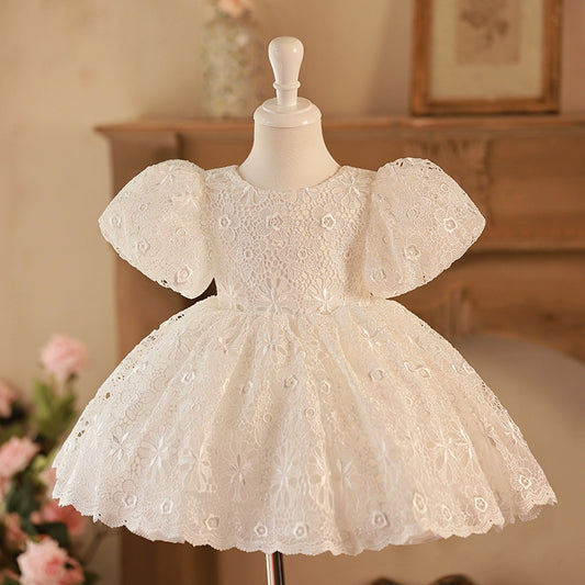 Princess White Lace Back Zip Baptism Lace Tea Length Short Sleeve Puff Sleeve Round Flower Girl Dress