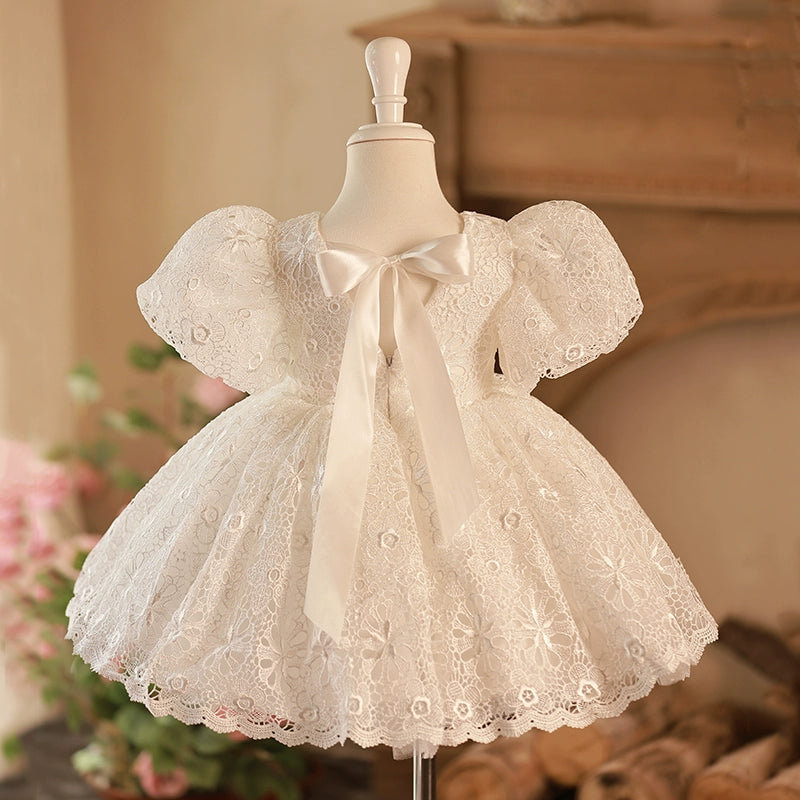 Princess White Lace Back Zip Baptism Lace Tea Length Short Sleeve Puff Sleeve Round Flower Girl Dress