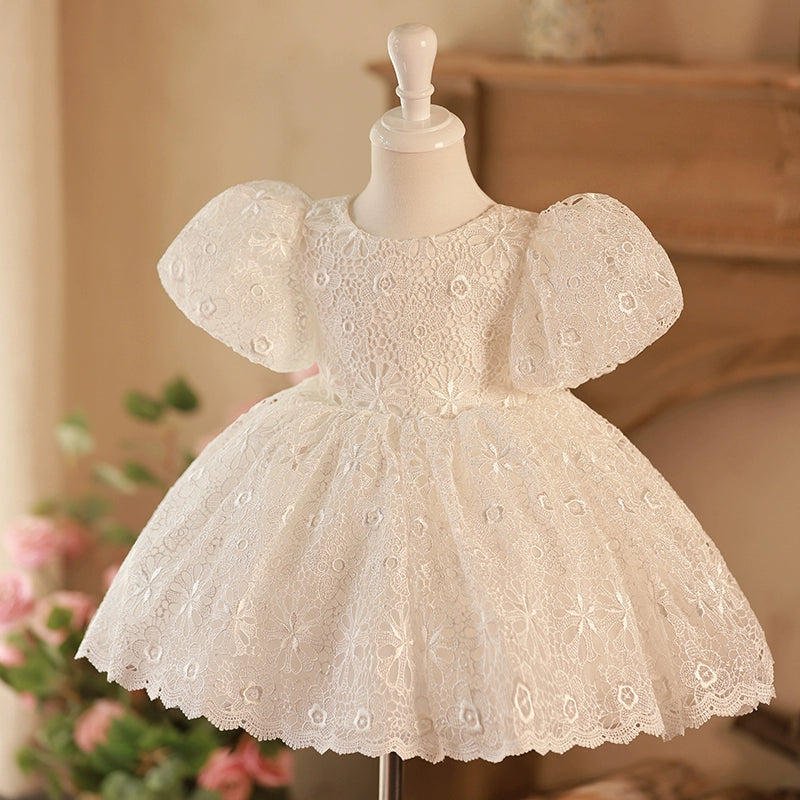 Princess White Lace Back Zip Baptism Lace Tea Length Short Sleeve Puff Sleeve Round Flower Girl Dress