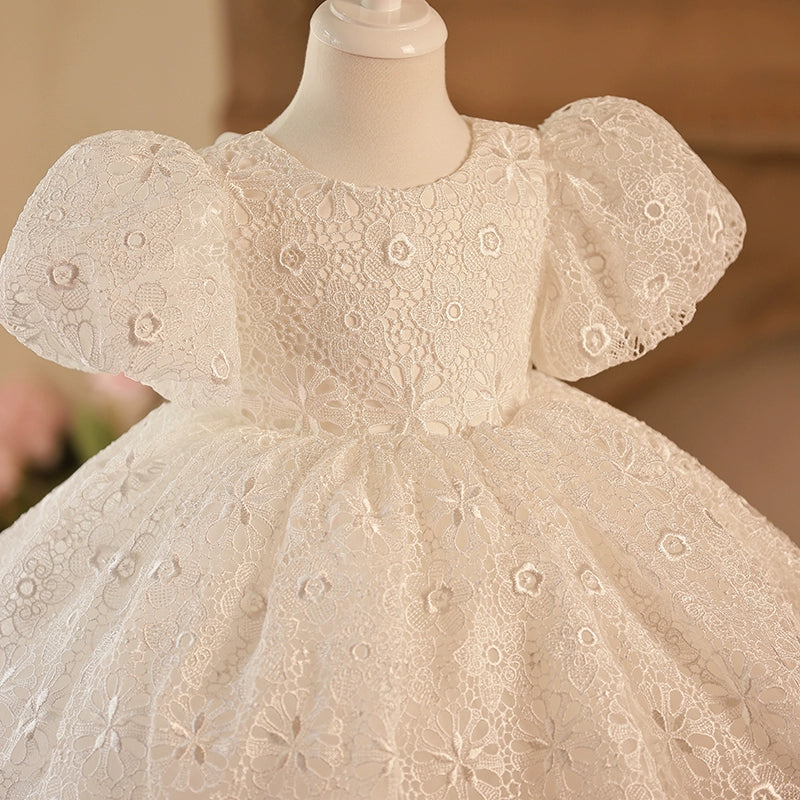 Princess White Lace Back Zip Baptism Lace Tea Length Short Sleeve Puff Sleeve Round Flower Girl Dress