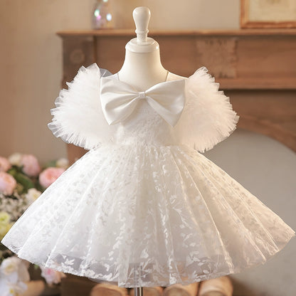 Princess White Lace Back Zip Baptism Lace Tea Length Short Sleeve Puff Sleeve Scoop Flower Girl Dress