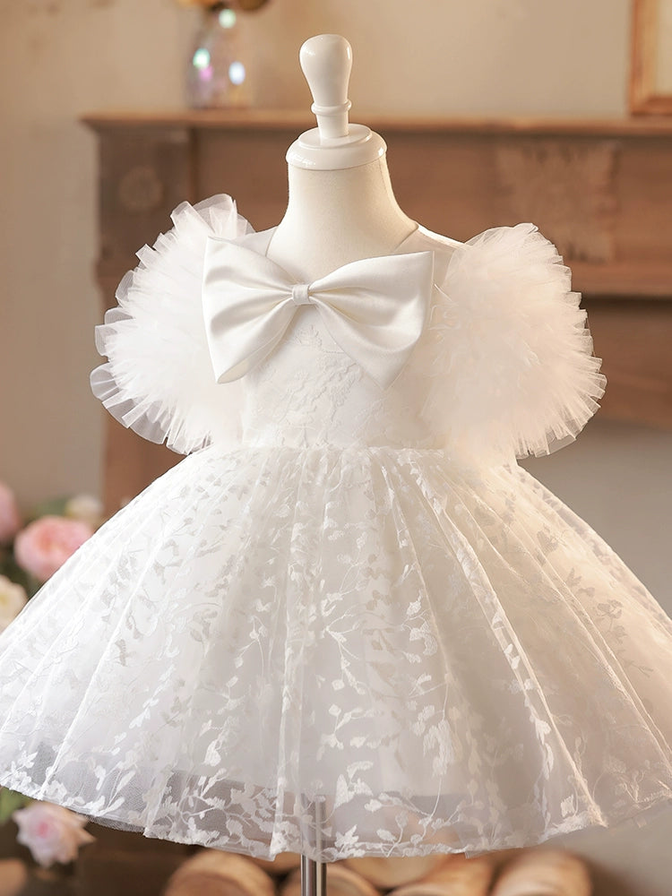 Princess White Lace Back Zip Baptism Lace Tea Length Short Sleeve Puff Sleeve Scoop Flower Girl Dress