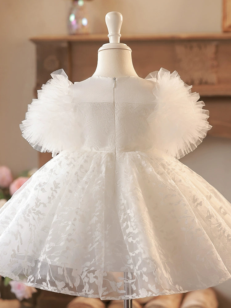 Princess White Lace Back Zip Baptism Lace Tea Length Short Sleeve Puff Sleeve Scoop Flower Girl Dress