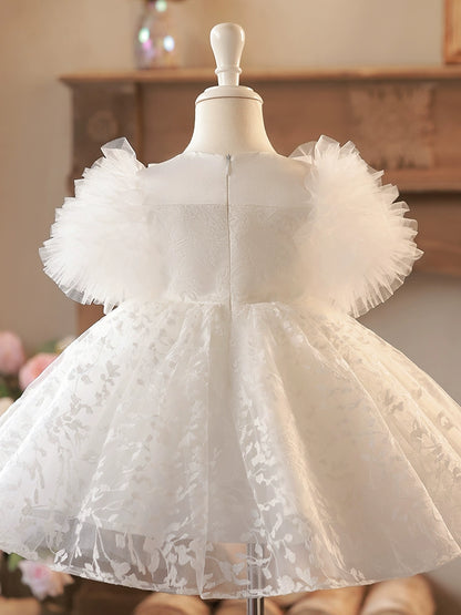 Princess White Lace Back Zip Baptism Lace Tea Length Short Sleeve Puff Sleeve Scoop Flower Girl Dress