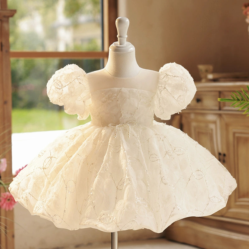 Princess White Organza Back Zip Baptism Bow(s) Tea Length Short Sleeve Puff Sleeve Round Flower Girl Dress