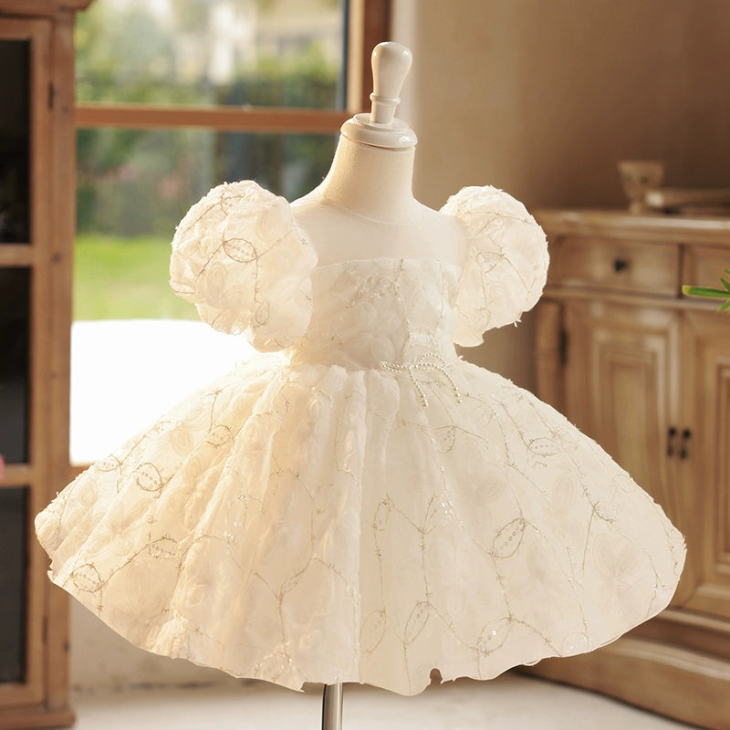 Princess White Organza Back Zip Baptism Bow(s) Tea Length Short Sleeve Puff Sleeve Round Flower Girl Dress