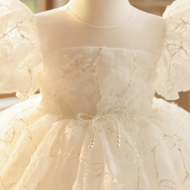 Princess White Organza Back Zip Baptism Bow(s) Tea Length Short Sleeve Puff Sleeve Round Flower Girl Dress