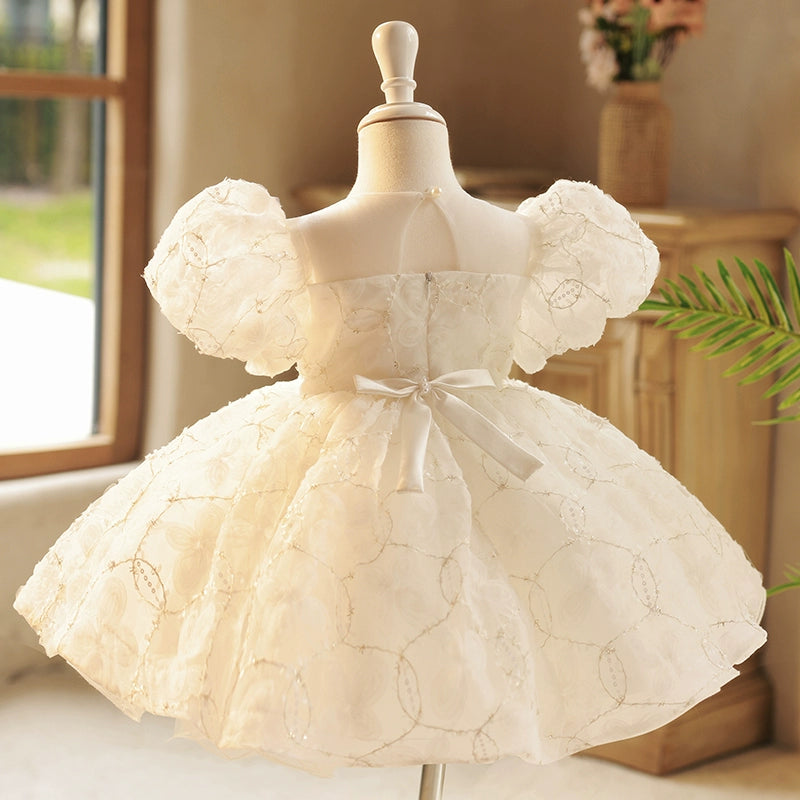 Princess White Organza Back Zip Baptism Bow(s) Tea Length Short Sleeve Puff Sleeve Round Flower Girl Dress