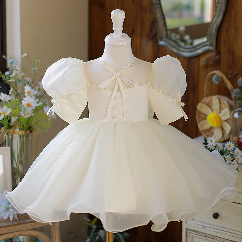 Princess White Organza Back Zip Baptism Bow(s) Tea Length Short Sleeve Puff Sleeve Round Flower Girl Dress