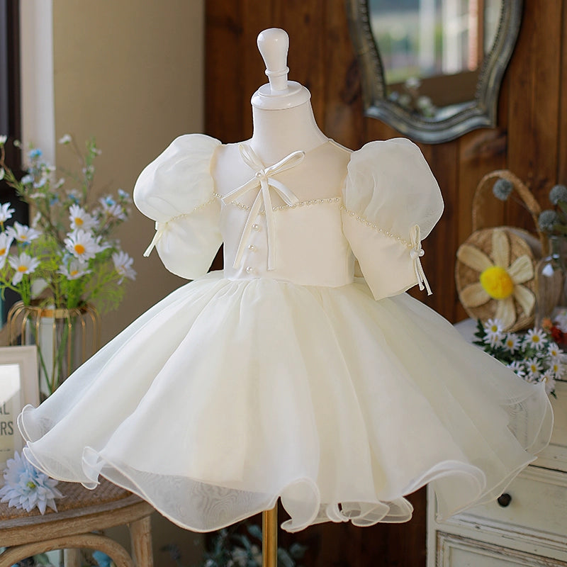 Princess White Organza Back Zip Baptism Bow(s) Tea Length Short Sleeve Puff Sleeve Round Flower Girl Dress