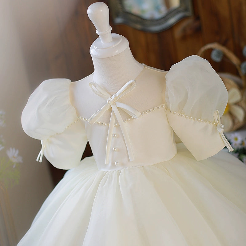 Princess White Organza Back Zip Baptism Bow(s) Tea Length Short Sleeve Puff Sleeve Round Flower Girl Dress