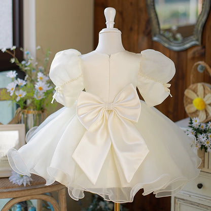 Princess White Organza Back Zip Baptism Bow(s) Tea Length Short Sleeve Puff Sleeve Round Flower Girl Dress