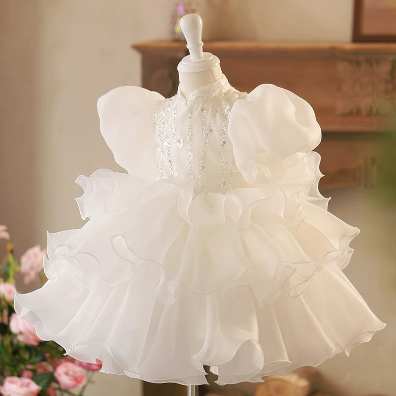 Princess White Organza Back Zip Baptism Cascading Ruffles Tea Length Short Sleeve Puff Sleeve Mock Neck Flower Girl Dress