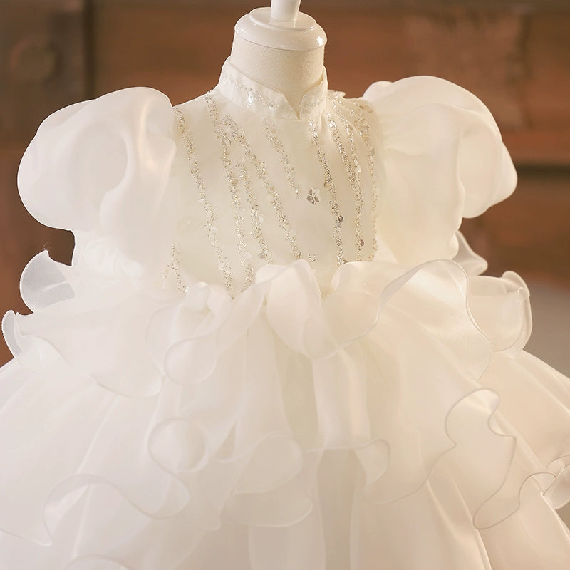 Princess White Organza Back Zip Baptism Cascading Ruffles Tea Length Short Sleeve Puff Sleeve Mock Neck Flower Girl Dress