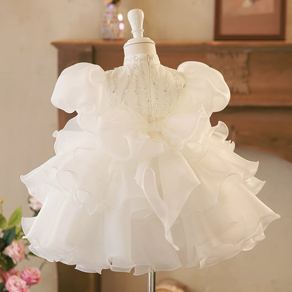 Princess White Organza Back Zip Baptism Cascading Ruffles Tea Length Short Sleeve Puff Sleeve Mock Neck Flower Girl Dress