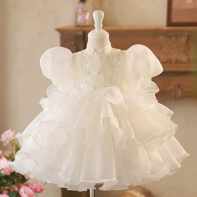 Princess White Organza Back Zip Baptism Cascading Ruffles Tea Length Short Sleeve Puff Sleeve Mock Neck Flower Girl Dress