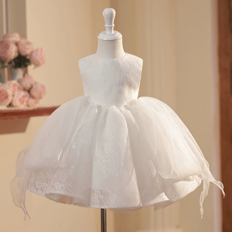 Princess White Polyester Back Zip Baptism Cascading Ruffles Tea Length Sleeveless Round Flower Girl Dress