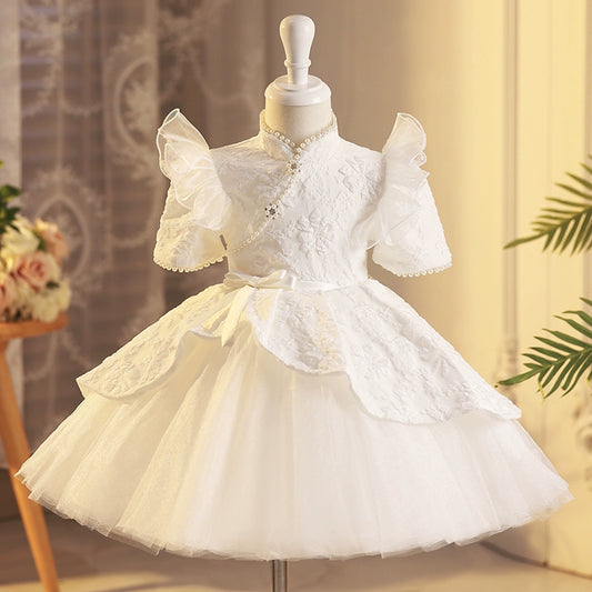 Princess White Satin Back Zip Baptism Beaded Tea Length Short Sleeve Cap Sleeve Mock Neck Flower Girl Dress