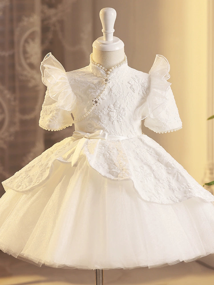 Princess White Satin Back Zip Baptism Beaded Tea Length Short Sleeve Cap Sleeve Mock Neck Flower Girl Dress