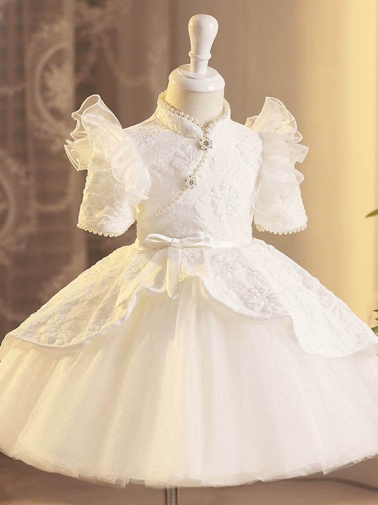 Princess White Satin Back Zip Baptism Beaded Tea Length Short Sleeve Cap Sleeve Mock Neck Flower Girl Dress
