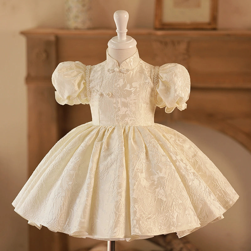 Princess White Satin Back Zip Baptism Beaded Tea Length Short Sleeve Puff Sleeve Mock Neck Flower Girl Dress