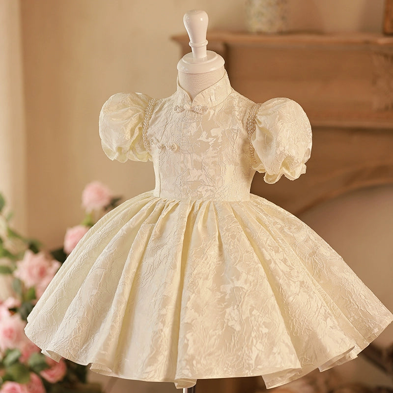 Princess White Satin Back Zip Baptism Beaded Tea Length Short Sleeve Puff Sleeve Mock Neck Flower Girl Dress