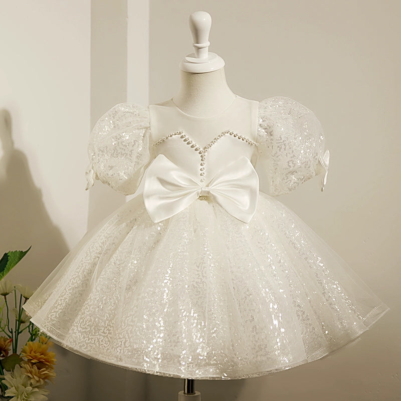 Princess White Satin Back Zip Baptism Beaded Tea Length Short Sleeve Puff Sleeve Round Flower Girl Dress