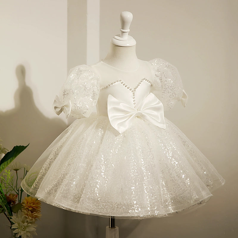 Princess White Satin Back Zip Baptism Beaded Tea Length Short Sleeve Puff Sleeve Round Flower Girl Dress