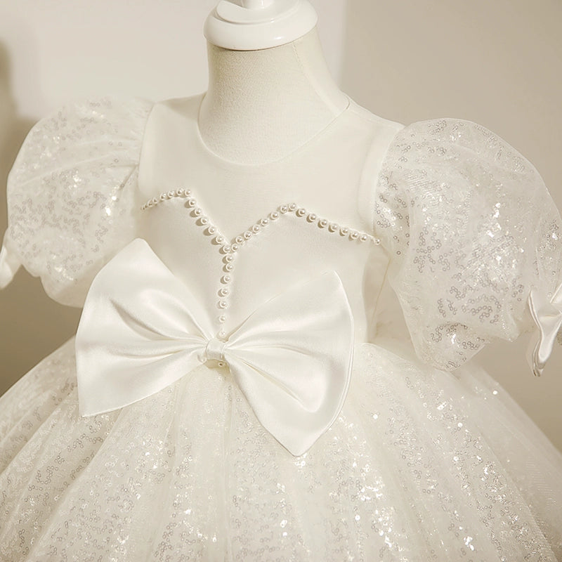 Princess White Satin Back Zip Baptism Beaded Tea Length Short Sleeve Puff Sleeve Round Flower Girl Dress