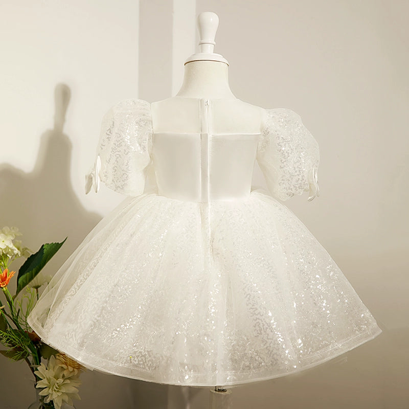 Princess White Satin Back Zip Baptism Beaded Tea Length Short Sleeve Puff Sleeve Round Flower Girl Dress