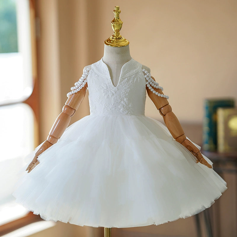 Princess White Satin Back Zip Baptism Beaded Tea Length Sleeveless Cold Shoulder Sleeve V-Neck Flower Girl Dress