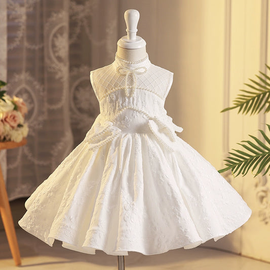 Princess White Satin Back Zip Baptism Beaded Tea Length Sleeveless Jewel Neck Flower Girl Dress