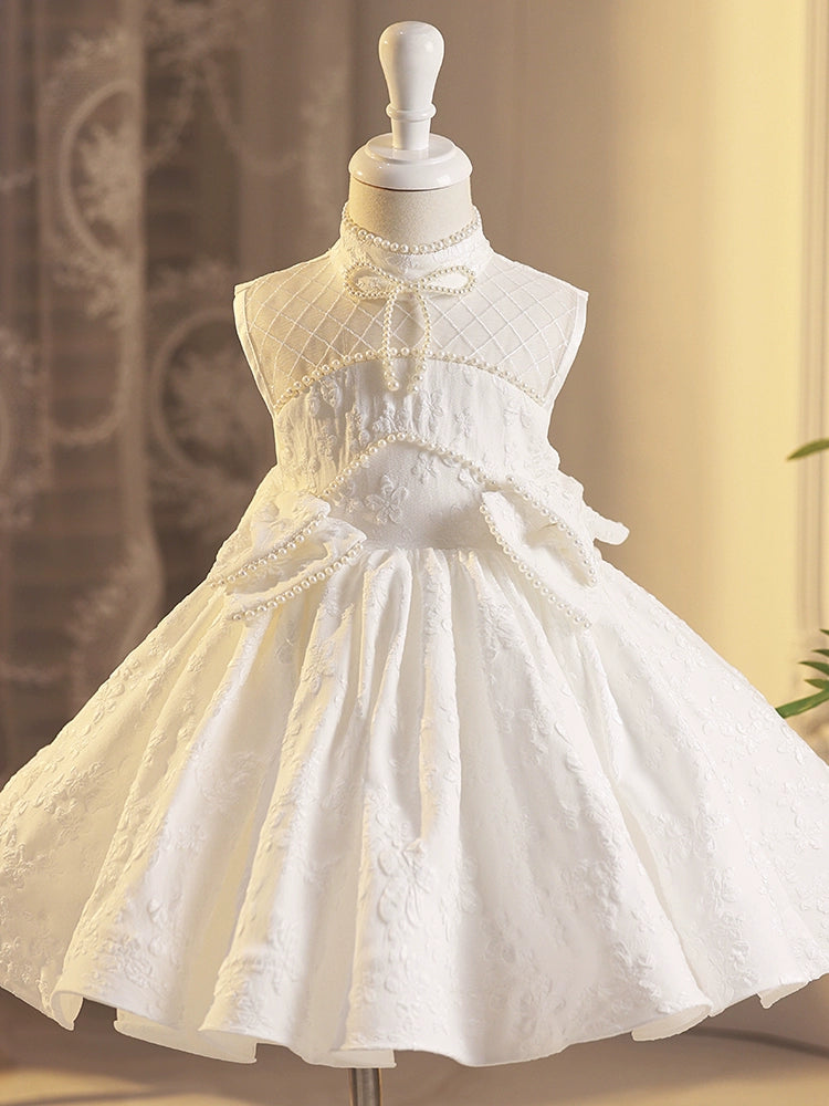 Princess White Satin Back Zip Baptism Beaded Tea Length Sleeveless Jewel Neck Flower Girl Dress