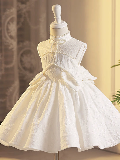 Princess White Satin Back Zip Baptism Beaded Tea Length Sleeveless Jewel Neck Flower Girl Dress