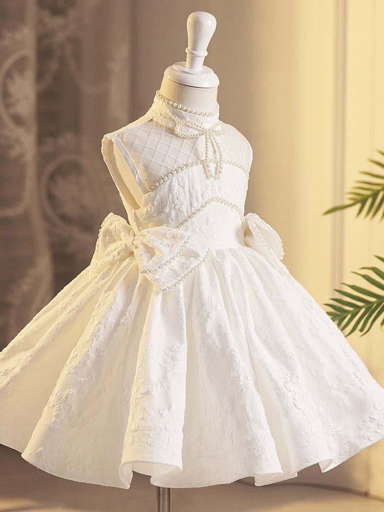 Princess White Satin Back Zip Baptism Beaded Tea Length Sleeveless Jewel Neck Flower Girl Dress