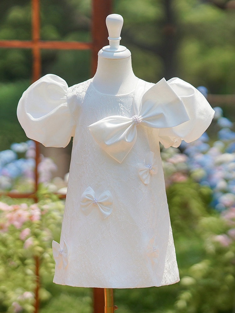 Princess White Satin Back Zip Baptism Bow(s) Short Short Sleeve Puff Sleeve Round Flower Girl Dress