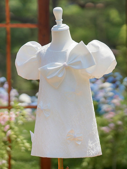 Princess White Satin Back Zip Baptism Bow(s) Short Short Sleeve Puff Sleeve Round Flower Girl Dress