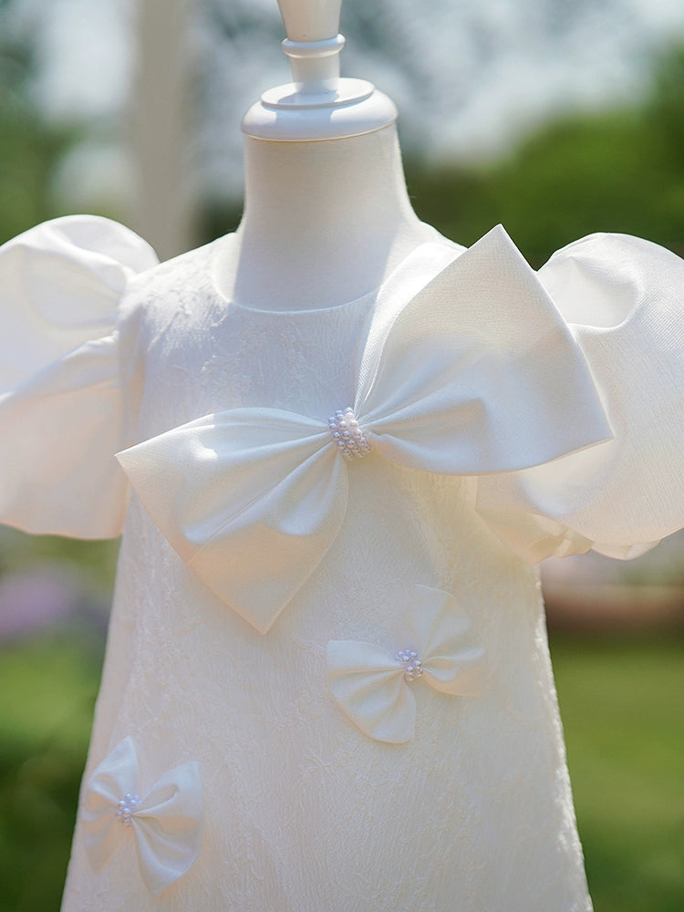 Princess White Satin Back Zip Baptism Bow(s) Short Short Sleeve Puff Sleeve Round Flower Girl Dress