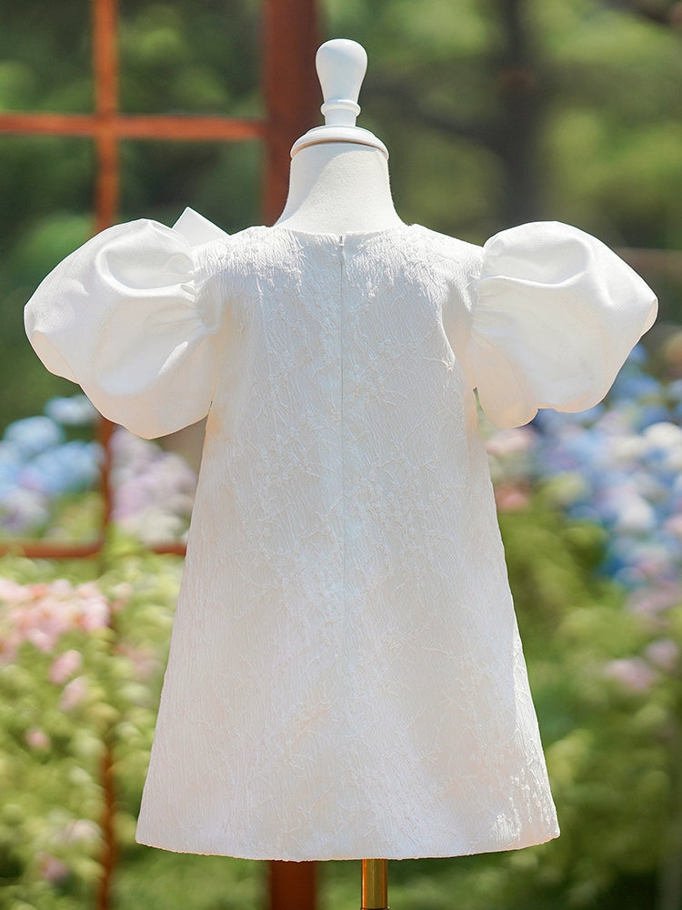 Princess White Satin Back Zip Baptism Bow(s) Short Short Sleeve Puff Sleeve Round Flower Girl Dress