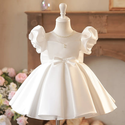 Princess White Satin Back Zip Baptism Bow(s) Tea Length Short Sleeve Puff Sleeve Jewel Neck Flower Girl Dress