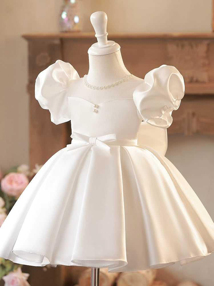 Princess White Satin Back Zip Baptism Bow(s) Tea Length Short Sleeve Puff Sleeve Jewel Neck Flower Girl Dress