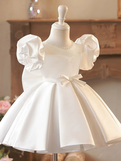 Princess White Satin Back Zip Baptism Bow(s) Tea Length Short Sleeve Puff Sleeve Jewel Neck Flower Girl Dress