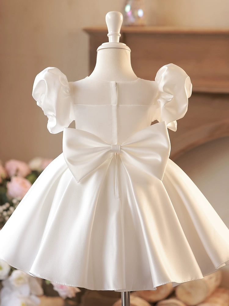 Princess White Satin Back Zip Baptism Bow(s) Tea Length Short Sleeve Puff Sleeve Jewel Neck Flower Girl Dress