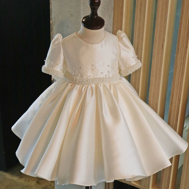 Princess White Satin Back Zip Baptism Bow(s) Tea Length Short Sleeve Puff Sleeve Round Flower Girl Dress