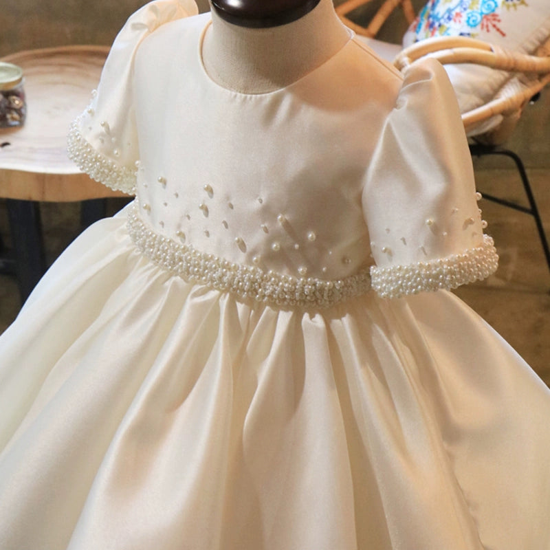 Princess White Satin Back Zip Baptism Bow(s) Tea Length Short Sleeve Puff Sleeve Round Flower Girl Dress