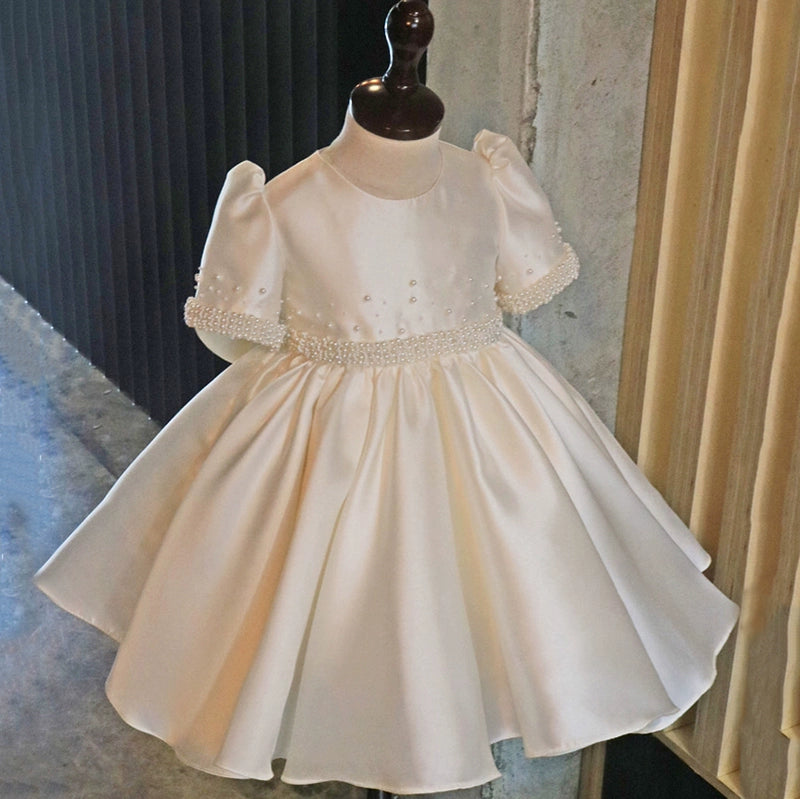 Princess White Satin Back Zip Baptism Bow(s) Tea Length Short Sleeve Puff Sleeve Round Flower Girl Dress