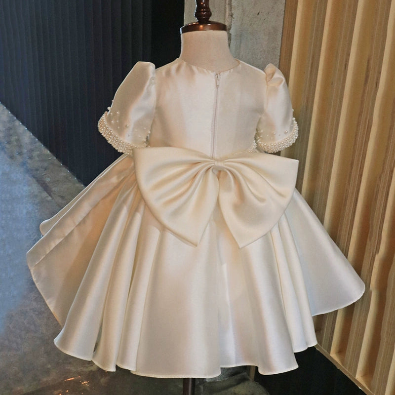 Princess White Satin Back Zip Baptism Bow(s) Tea Length Short Sleeve Puff Sleeve Round Flower Girl Dress